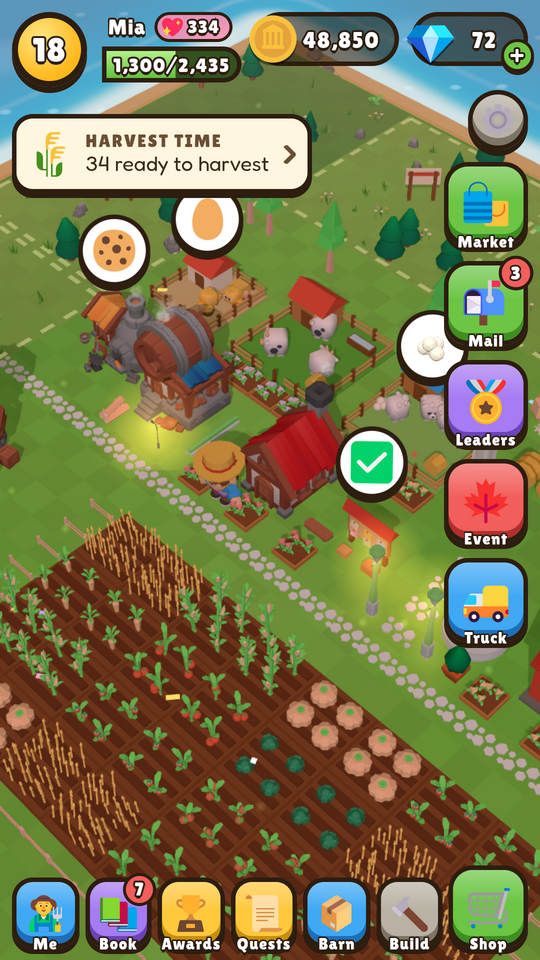 A cozy farm at golden hour: fields of ripe crops, a farmhouse, a bakery and animal pens