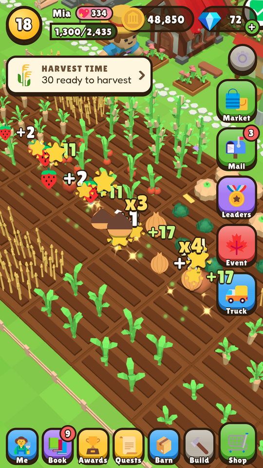 Swiping across ripe fields to harvest strawberries and onions, with a combo counter
