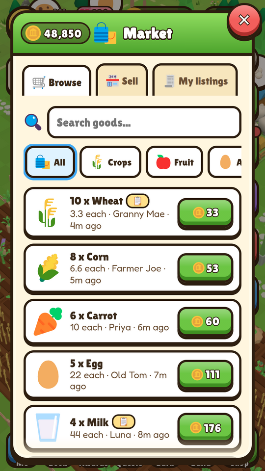 The shared Market, where farmers list goods like wheat, corn, eggs and milk for coins